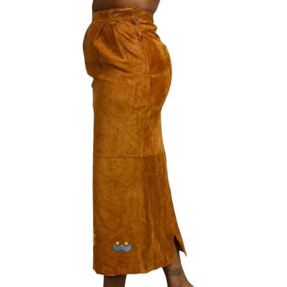 Vintage Eagles Eye Suede Skirt Brown Embroidered Straight Column Camel Size 2 XS - Picture 6 of 15